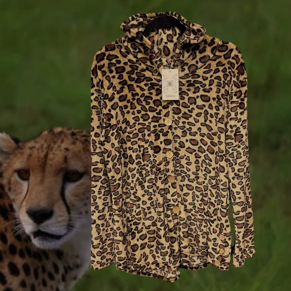 Basico women’s button front hoodie shirt shacket cheetah animal print fleece new